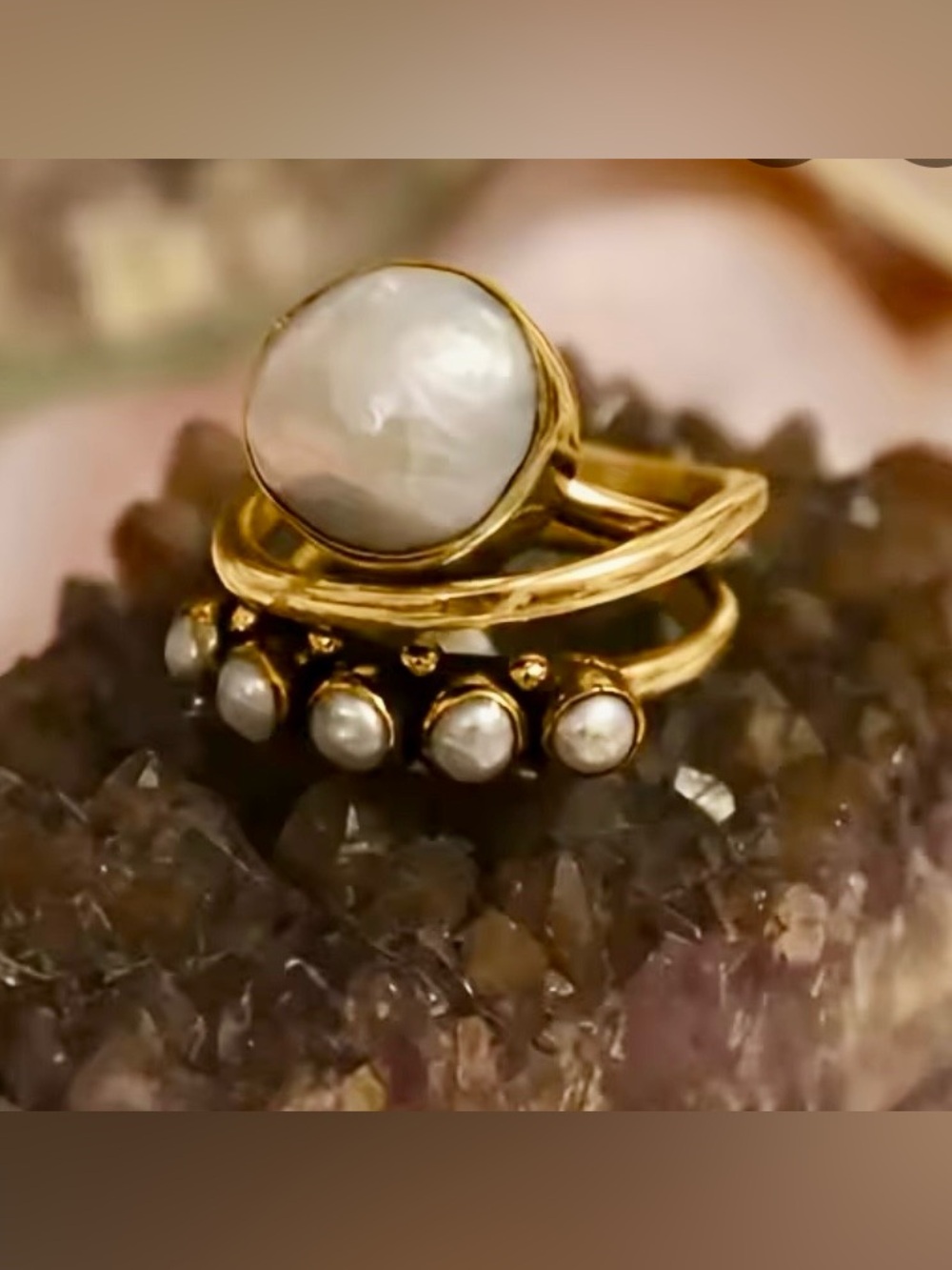 Vintage Boho Multi-Layer Pearl Statement Ring Gold Tone NWT Various Sizes